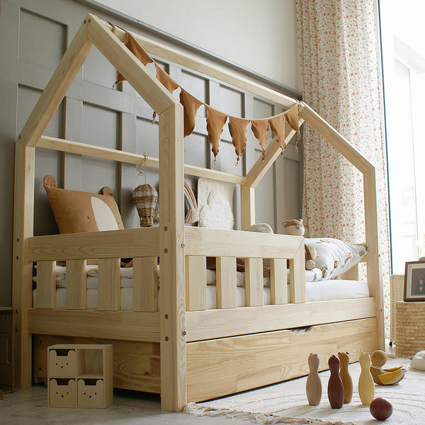 Letto a castello in legno con cassetto, tetto orizzontale • Aya