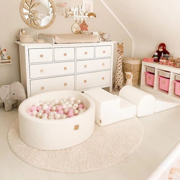 Parcours de motricité 3 ou 4 pièces avec piscine à balles 90cm en bouclette - Blanc | Balles au choix