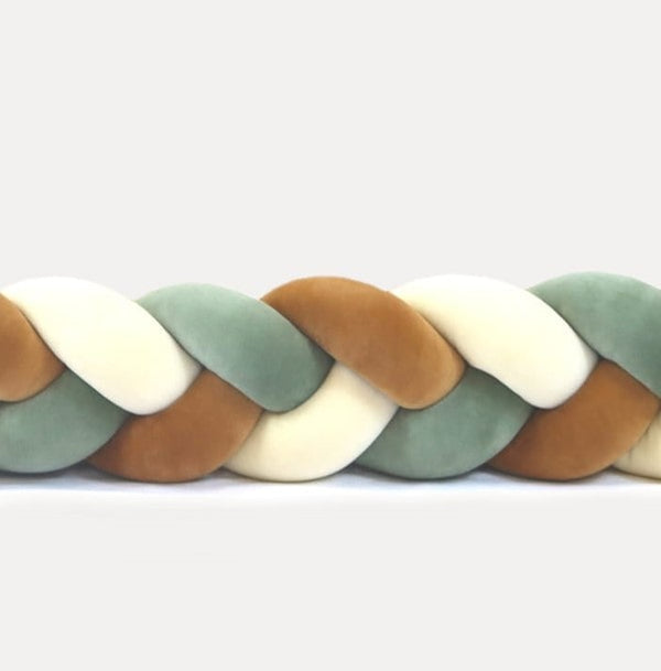 Tour de lit tressé 3 épis en velours Vert eucalyptus, Vanille et Cannelle | 9 Tailles