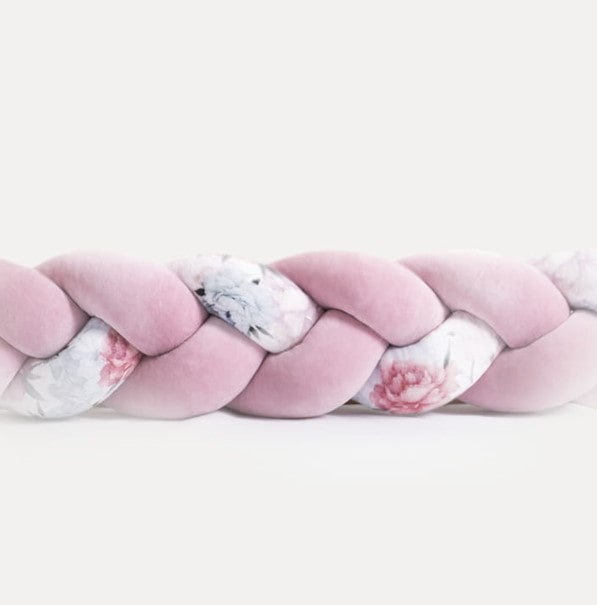 Tour de lit tressé 3 épis en velours Rose framboise et imprimé fleurs | 9 Tailles