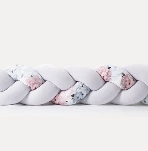 Tour de lit tressé 3 épis en velours Gris et imprimé fleurs | 9 Tailles