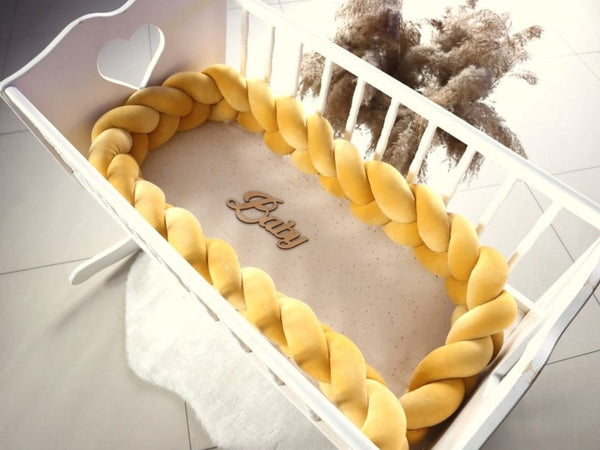 Tour de lit tressé 3 épis en velours Jaune moutarde | 9 Tailles