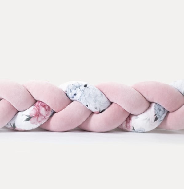 Tour de lit tressé 3 épis en velours Rose et imprimé fleurs | 9 Tailles