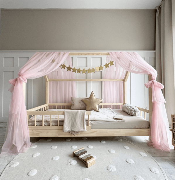 Voile de lit cabane en tulle, pour toit horizontal, Rose • Halona