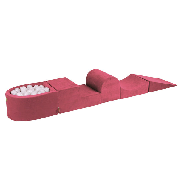 Foam playground 4 pieces with small velvet ball pool - Raspberry Red | Balls of choice