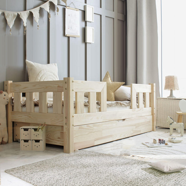 Letto singolo in legno con cassetto, ingresso centrale • Aya