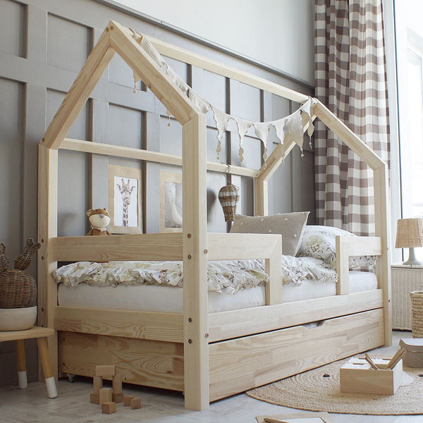 Letto a castello in legno con cassetto, tetto orizzontale e ingresso centrale • Ariane