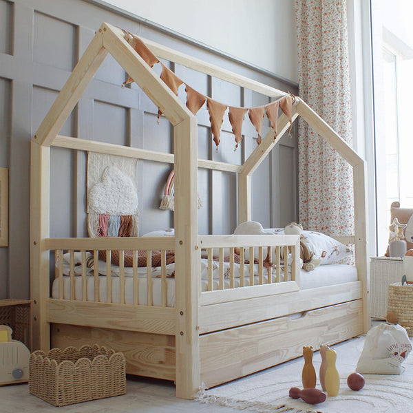 Letto a capanna in legno con cassetto, tetto orizzontale • Milie