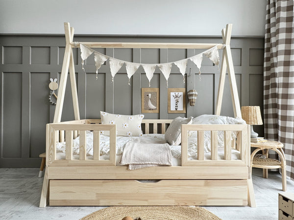 Letto singolo semplice in legno con barriera e cassetto, ingresso centrale • Nohr