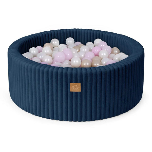 Piscina di palline rotonda 90x30cm in velluto a coste Churros, 200 palline – Blu | Palline a scelta
