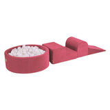 Parcours de motricité 3 pièces avec piscine à balles 90x30cm en velours, 200 balles - Rouge framboise | Balles au choix