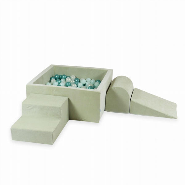 Parcours de motricité 3, 4 ou 6 pièces avec piscine à balles carrée en velours - Pistache grisé | Balles au choix