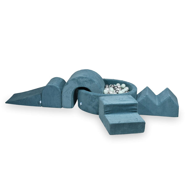 Parcours de motricité 5 pièces avec piscine à balles 90x30cm en Corduroy Tobias - Bleu | Balles au choix
