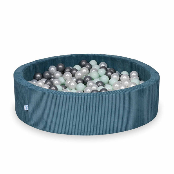 Piscina di palline rotonda XL 110x30cm in velluto a coste larghe Tobias, 400 palline - Blu | Palline a scelta