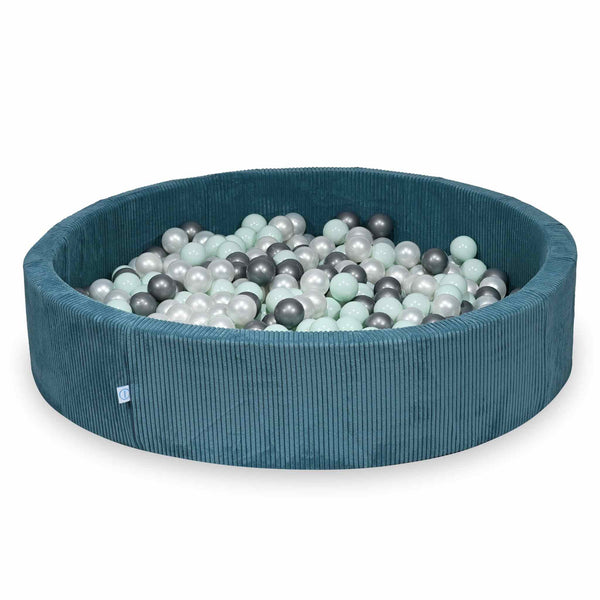 Piscina di palline rotonda XXL 130x30cm in velluto a coste larghe Tobias, 600 palline - Blu | Palline a scelta