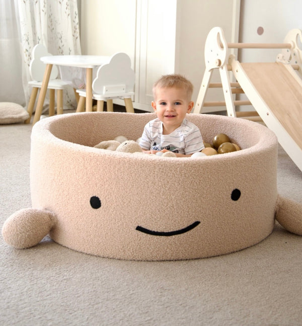 Piscina di palline Balena 90x30cm in tessuto bouclé, 200 palline - Beige | Palline a scelta