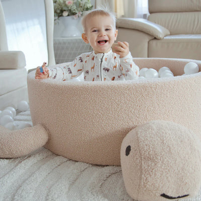 Piscine à balles Tortue 90x30cm en bouclette Câline, 200 balles - Beige biscuit | Balles au choix