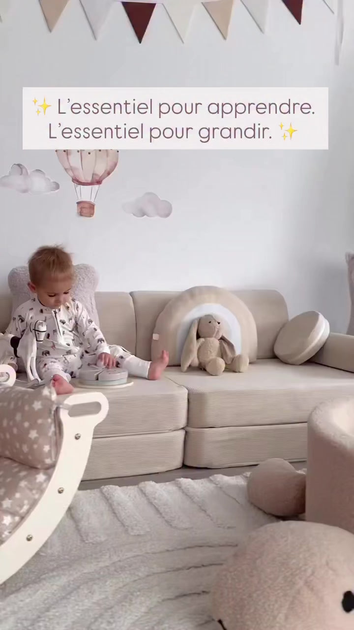 Piscine à balles Tortue 90x30cm en tissu bouclé, 200 balles - Beige biscuit & Canapé modulable de jeu en Corduroy à fines côtes Slimcord Beige | Balles au choix | LOOVE