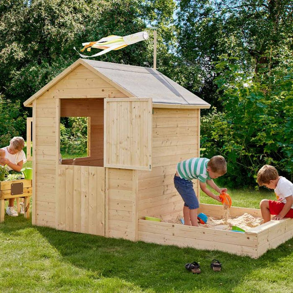 Cabane en bois, maisonnette enfants avec bac à sable • LOOVE