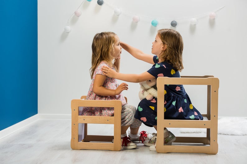 Table évolutive 3-en-1, bureau, chaise, marchepied en bois FSC • LOOVE