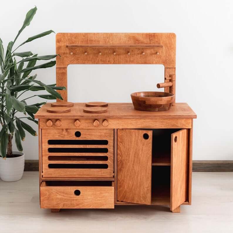 Cuisinière enfant en bois artisanale évolutive, écologique et responsable acajou • LOOVE