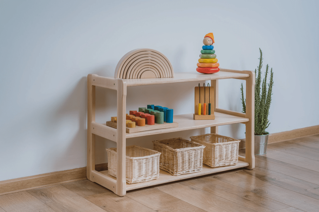 Etagère montessori avec banc 5 cases de rangement enfant - Ciel & terre