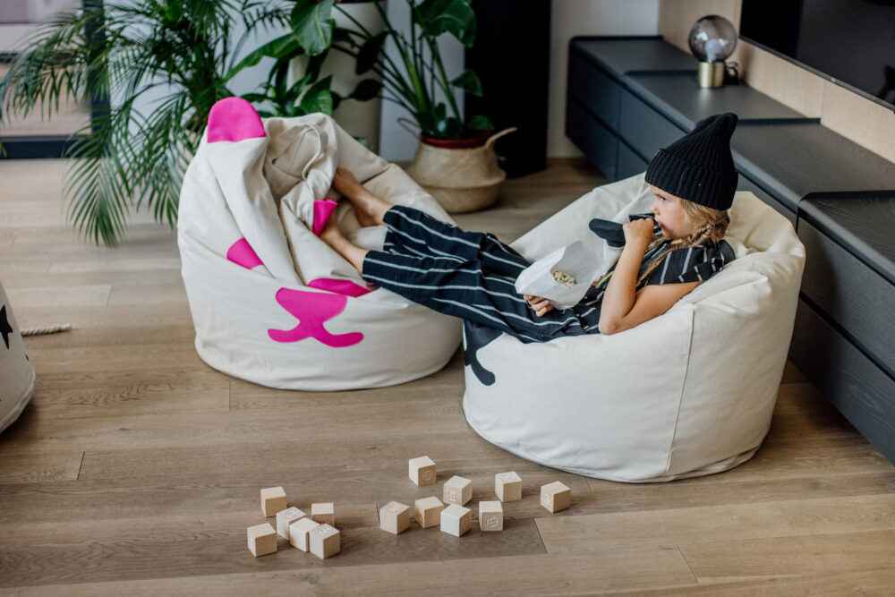 Pouf Panda poire géant 100% coton non blanchi • Fauteuil chambre enfant •  Bini Original noir et rose• LOOVE