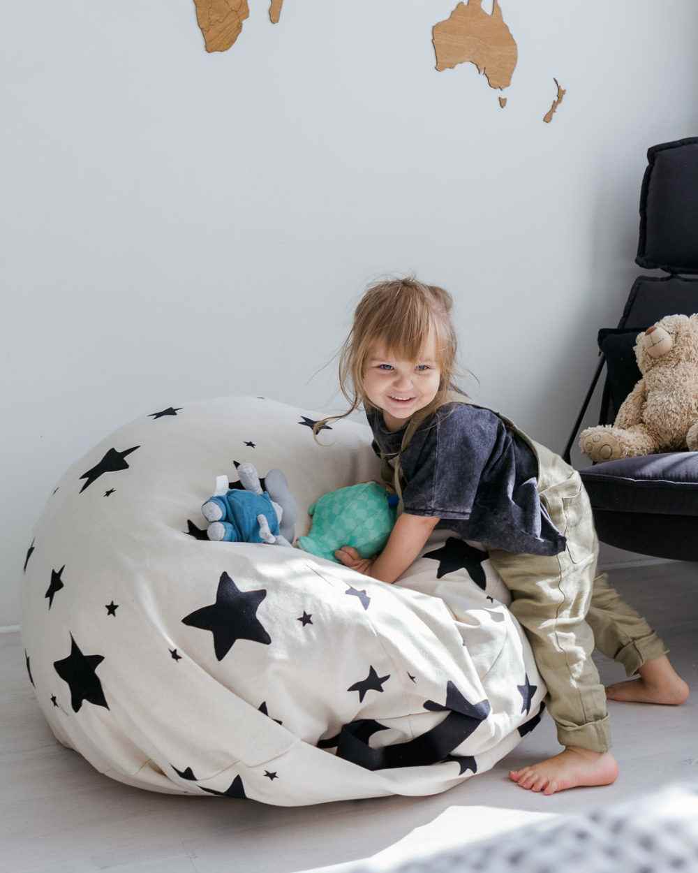 Pouf poire géant 100% coton non blanchi • Fauteuil chambre enfant •  Bini Double Star noir • LOOVE