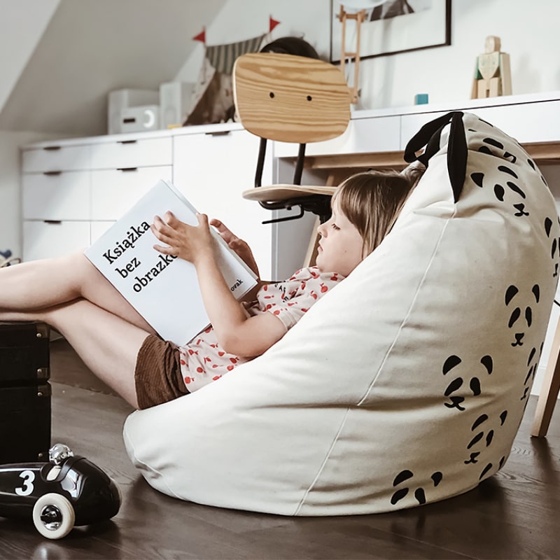 Pouf poire géant 100% coton non blanchi • Fauteuil chambre enfant •  Bini Original avec Pandas noir • LOOVE