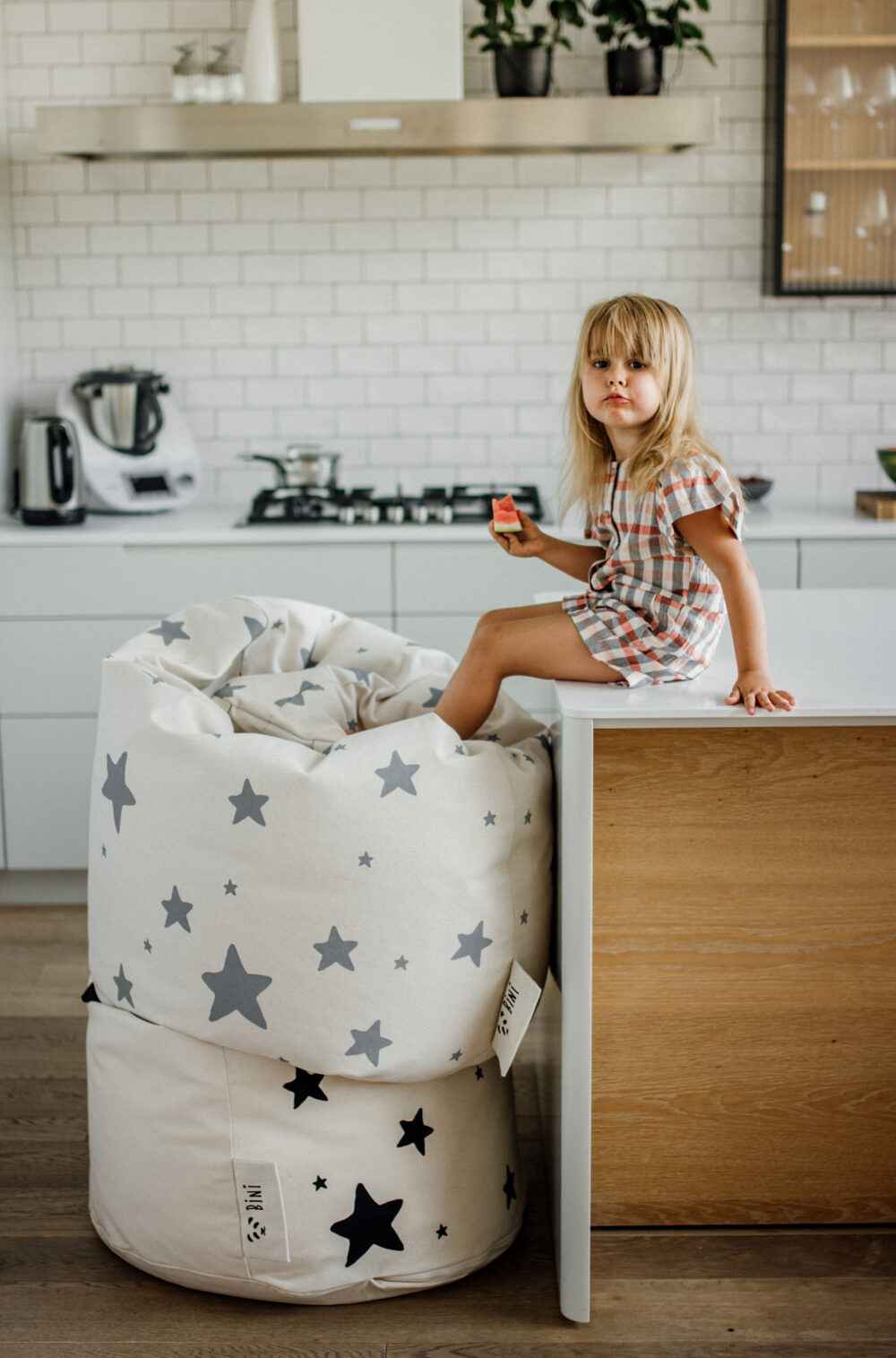 Pouf poire géant 100% coton non blanchi • Fauteuil pour enfants • Bini Double Étoiles gris et noir • LOOVE