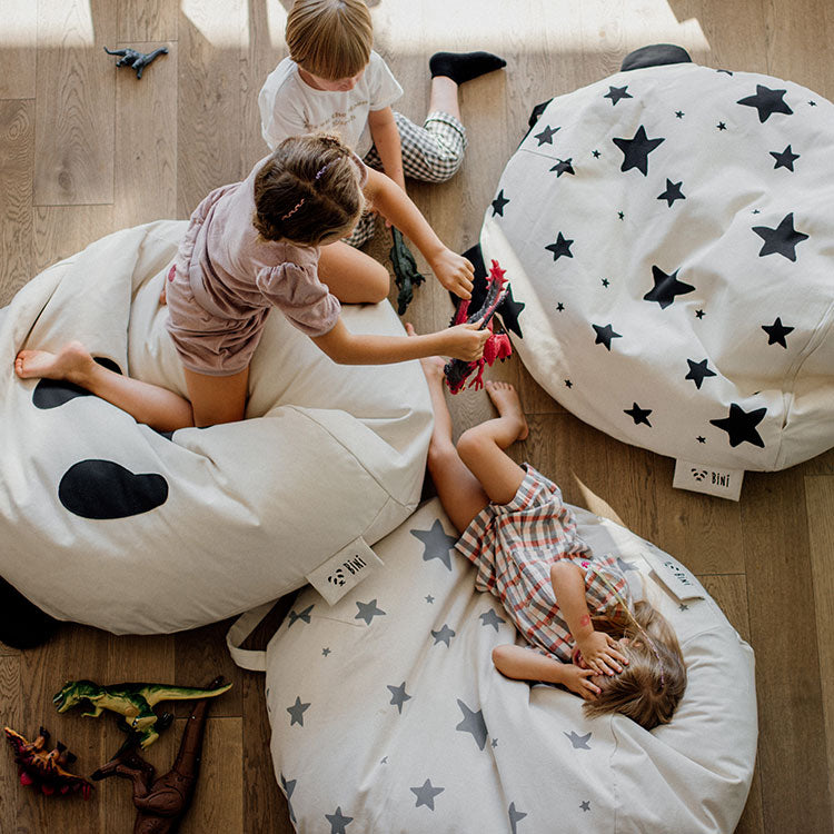 Pouf poire géant 100% coton non blanchi • Fauteuil salon enfant, coin détente •  Bini Original avec Pandas et Etoiles • LOOVE