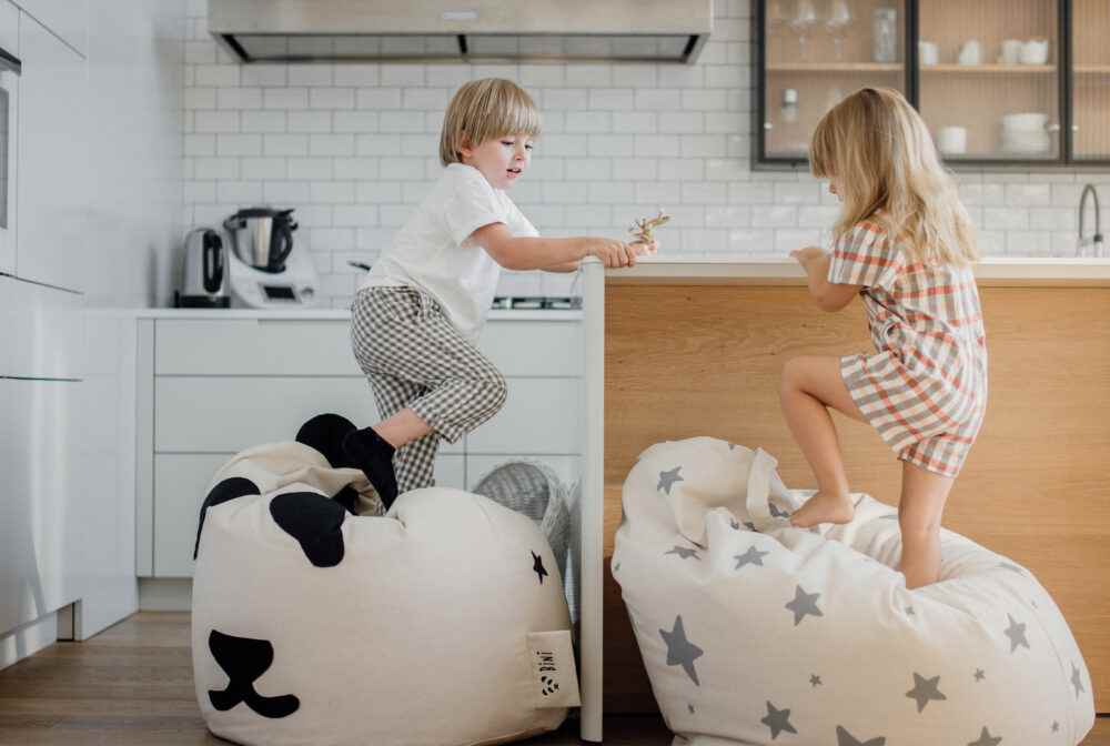 Pouf poire géant 100% coton non blanchi • Fauteuil pour enfants • Bini Double Étoiles gris et Original noir • LOOVE