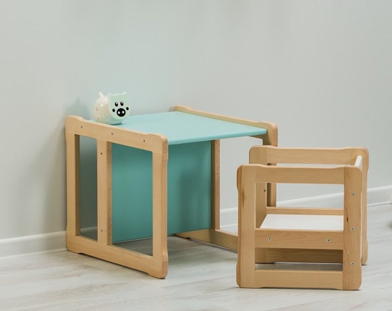 Table évolutive 3-en-1, bureau, chaise, marchepied en bois FSC • LOOVE